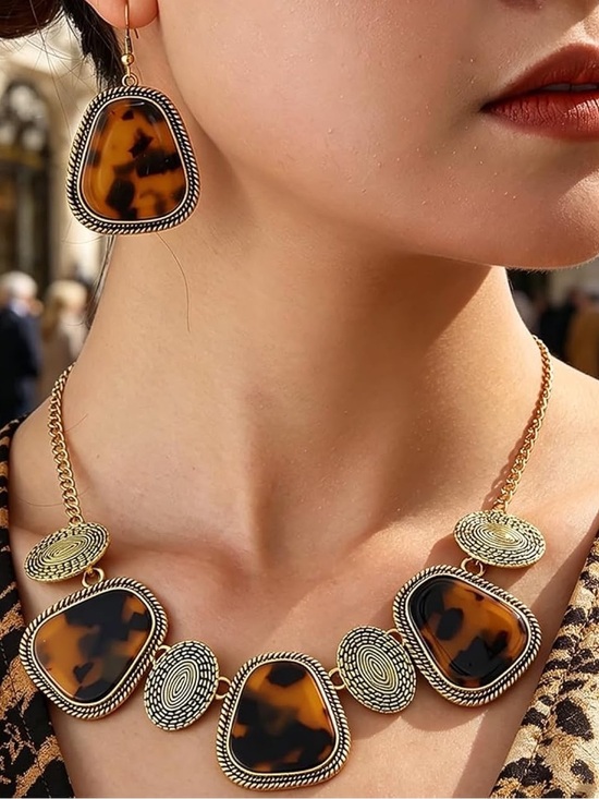 Anthropologie Jewelry - Anthropologie Tortoiseshell-Style Gold Tone Necklace and Earrings Set